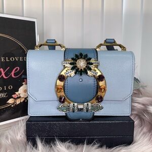 MCM Light Blue Jeweled Crossbody with Gold Hardware